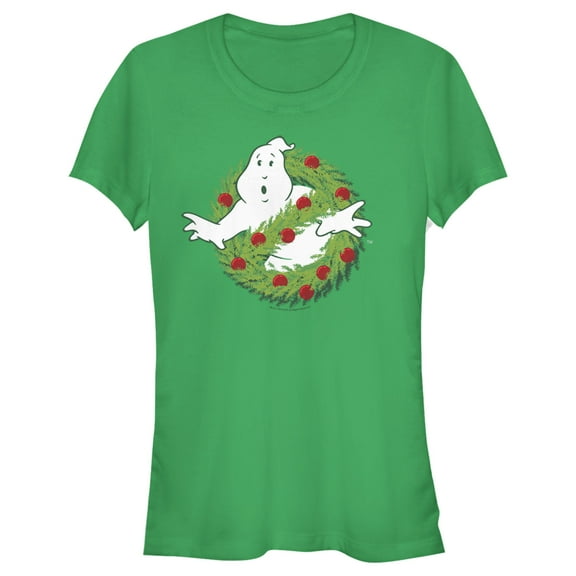Junior's Ghostbusters Christmas Wreath Logo Graphic Tee Kelly Green X Large