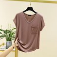 thumbnail image 2 of CIENVNSTG Women's Short Sleeve Solid Color V Neck T Shirt with Chest Pocket Loose Fit Casual Summer Comfy Breathable Basic Tees Tunic Outfit Clothes Practical Pockets for Easy Storage Brown L, 2 of 3