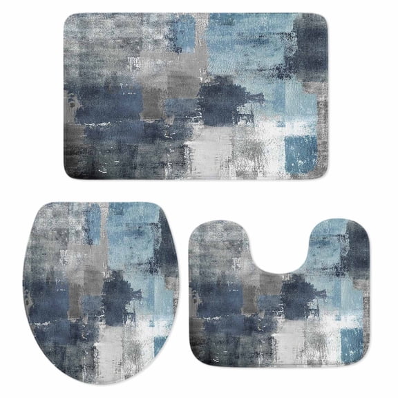 Navy Blue Grey Bath Mat 3 Piece Bathroom Rug Set, Modern Oil Painted Abstract Art Aesthetics Non Slip Bath Rug Contour Mat and Toilet Lid Cover, Absorbent Shower Mats Soft Bath Rugs and Mats Sets