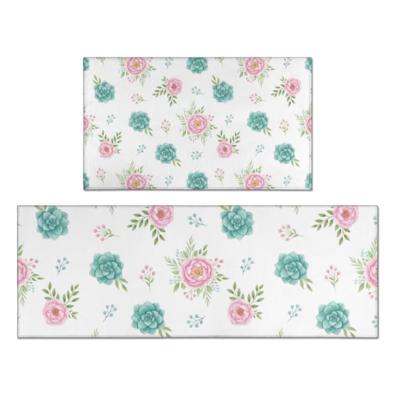 Pioneer Flower Floral Print Pattern Kitchen Rugs Sets Of 2, Anti Fatigue Non Slip Washable Floor Mats for Kitchen Sink Laundry, 17X30 Inch 17X47 Inch