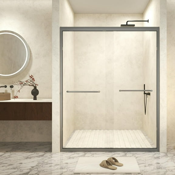 Resenkos Shower Enclosure Door,Shower Stall Door,Aluminum Frame Double Sliding Shower Door with Stainless Steel handle, Gun Ash