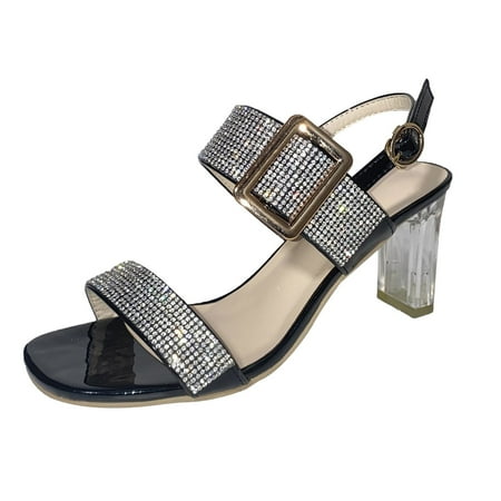 

ociviesr sandals for Women Fashion Large Size Rhinestone One-Word Buckle Thick Heel High Heel Sandals Pu