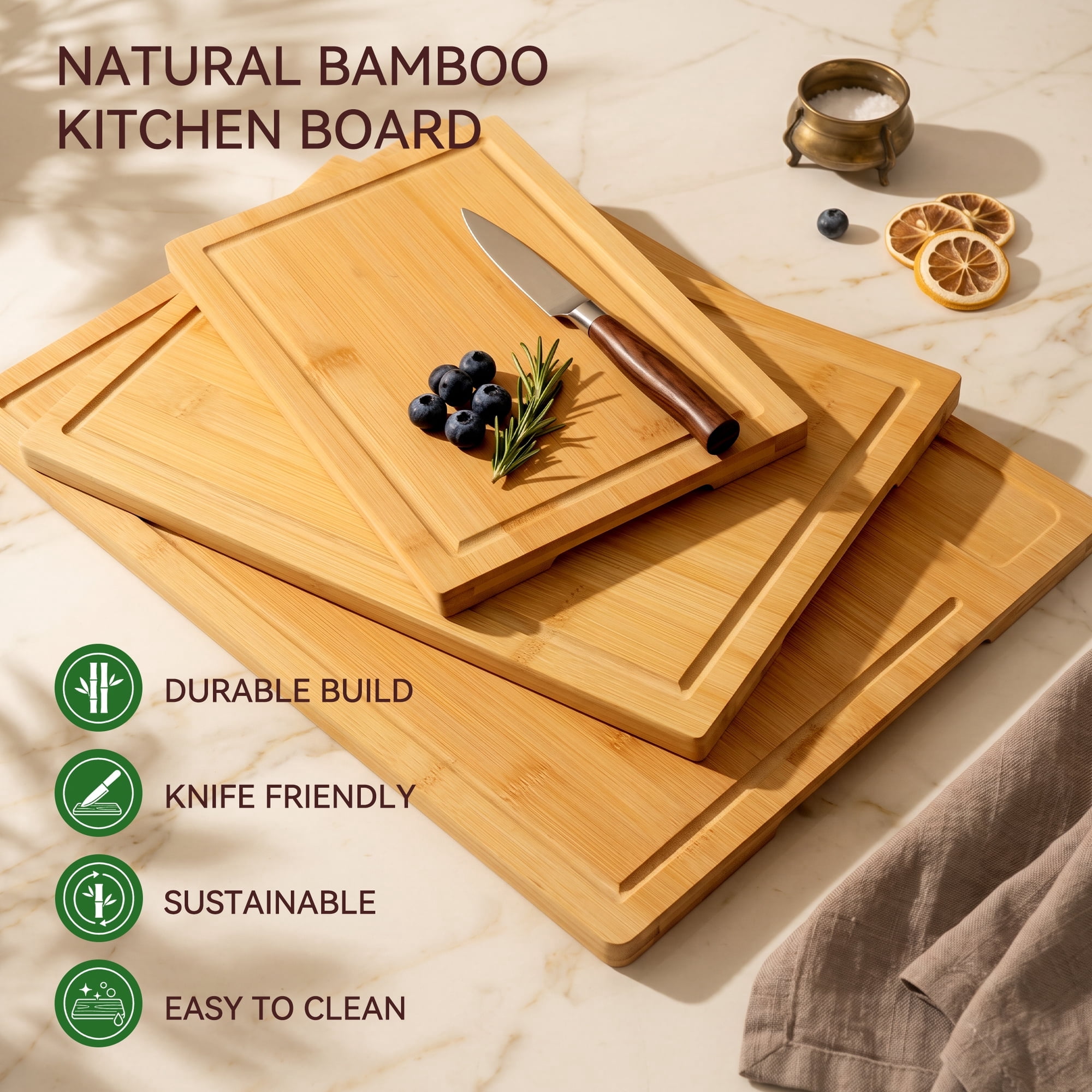 Kikcoin Cutting Board Set of 3, Bamboo Cutting Boards for Kitchen, Non-slip Wooden Chopping Boards with Juice Grooves, Reversible Charcuterie Board for Fruit, Meat