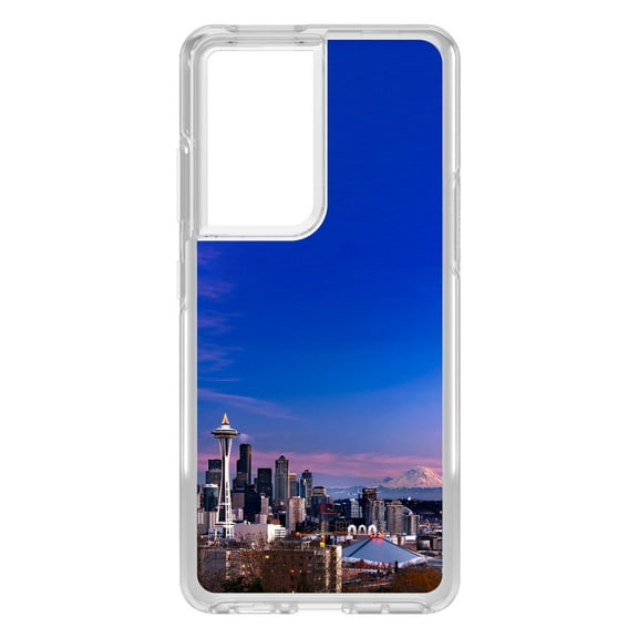 DistinctInk Clear Shockproof Hybrid Case for Galaxy S21 ULTRA 5G (6.8" Screen) - TPU Bumper, Acrylic Back, Tempered Glass Screen Protector - Seattle Skyline Night - Show Your Love of Seattle