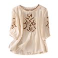 thumbnail image 2 of Tittly Womens Linen Shirt Camisas De Lino Para Mujer Linen Button Up Shirts for Women Tops For Women Floral Cotton Linen 3/4 Sleeve V Neck Button Boho Ethnic Beige, 2 of 9
