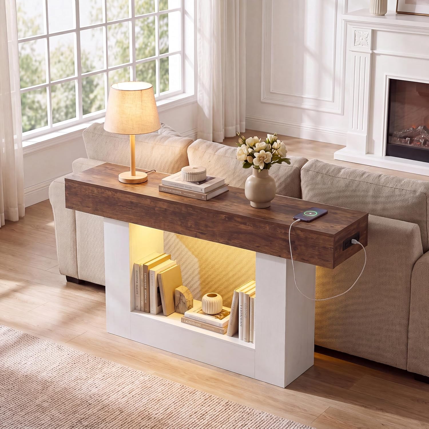 55” Entryway Table with Charging Station & LED Light, Narrow Sofa Table for Hallway Living Room, Modern Farmhouse Console Table with Storage Shelf, Brown and White