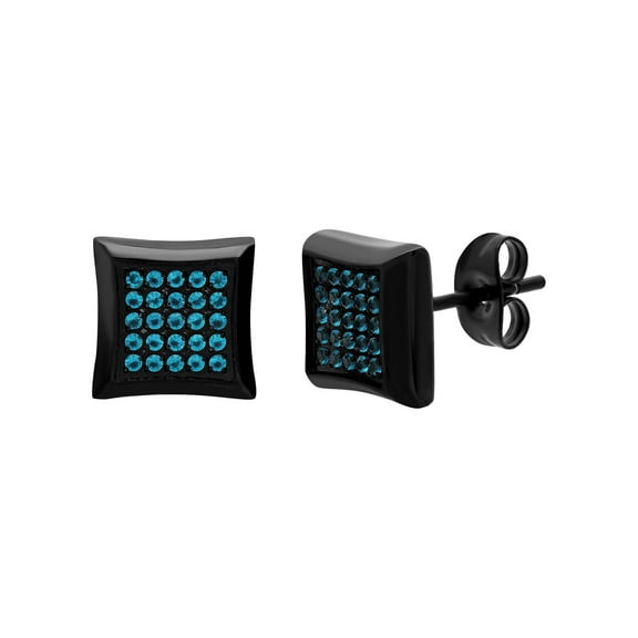 Men's Black Stainless Steel Blue Cubic Zirconia Cluster Square Stud Earrings