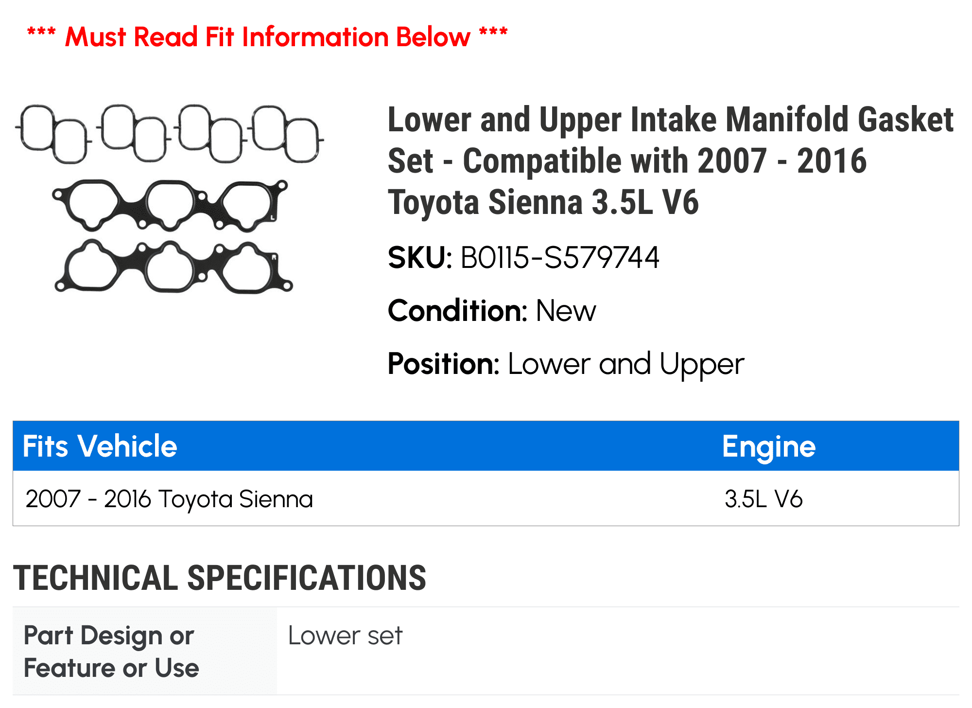 Lower and Upper Intake Manifold Gasket Set - Compatible with 2007 - 2016 Toyota Sienna 3.5L V6 2008 2009 2010 2011 2012 2013 2014 2015