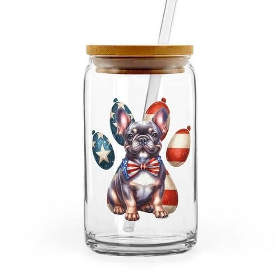 Patriotic French Bulldog 4th of July Independence Paws 16oz Glass Cup Mug Dog Lover Gifts Glass Can with Bamboo Lid and Straw - 02010