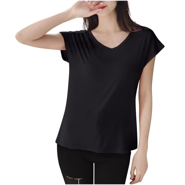 FRSASU T-Shirt de Sommeil Uni pour Femme Haut de Pyjama à Col en V Noir