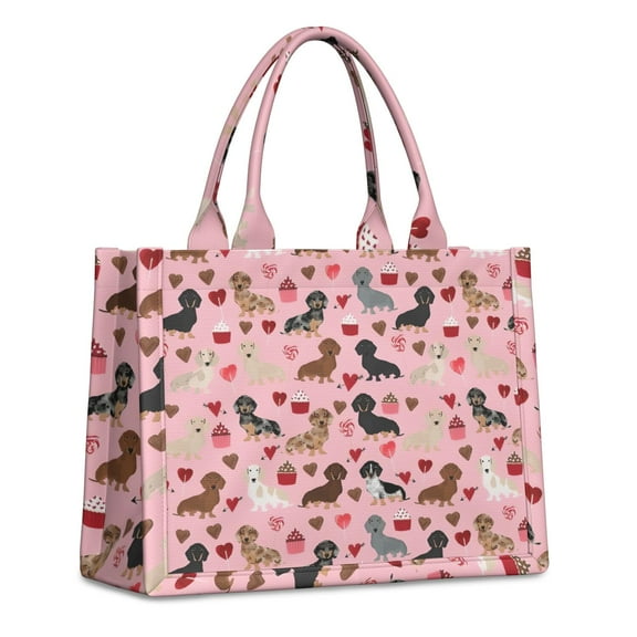 Large Capacity Tote Bag,Pink Cute Dachshund Dog and Love Heart Handbag Fashion Luxury Tote Bag,15.7"x13"x 5.1" Inches,Laptop Compatible