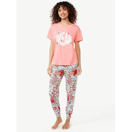 

Joyspun Women s Short Sleeve Sleep Top and Jogger PJ Set 2-Piece Sizes S to 3X