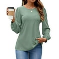 thumbnail image 2 of Long Sleeve Eyelet Tops for Women 2025 Spring Fall Crew Neck Shirts Casual Loose Blouse Trend Outfits Clothes Green XL, 2 of 9