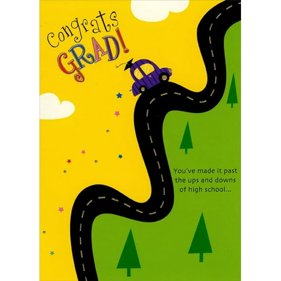 Designer Greetings Purple Car on Steep Uphill Road High School Graduation Congratulations Card
