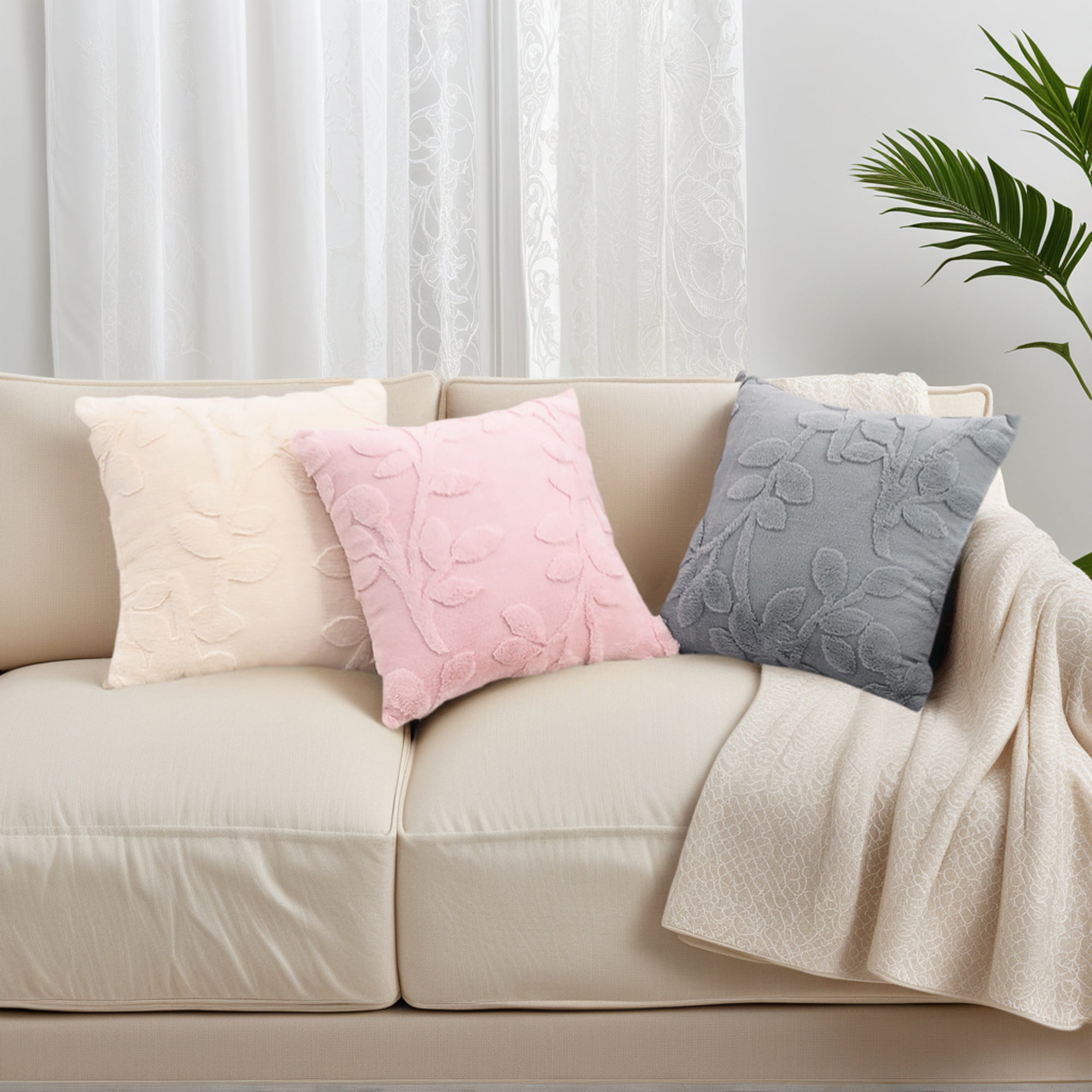 Unique Bargains Pack of 2 Leaf Jacquard Plush Pillow Covers for Bedroom 18" x 18" Grey