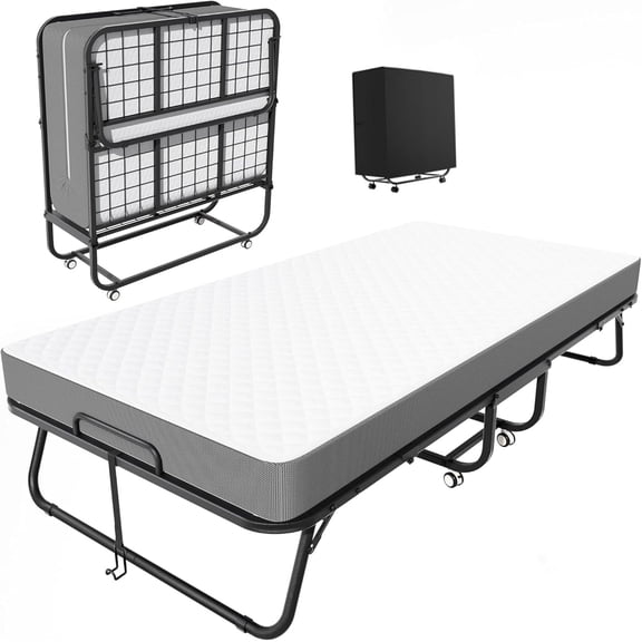 Folding Bed with Mattress, Roll Away Beds with Mattress for Adults, Single Cot Foldable Rollaway Beds, 75" x 31.5" Portable Bed for Easy Storage, Strong Frame for Guest Room