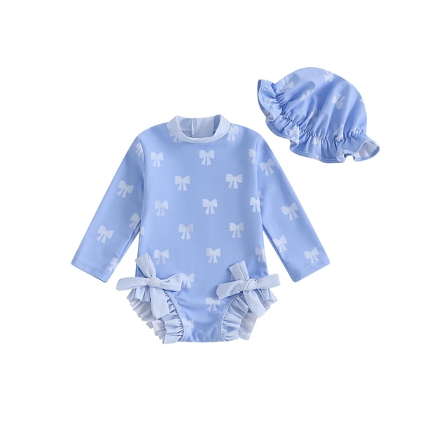 Gupgi Toddler Infant Girl Rash Guard with Sun Hat, Baby Swimsuit Long Sleeve Bow Print Bathing Suit Swimwear