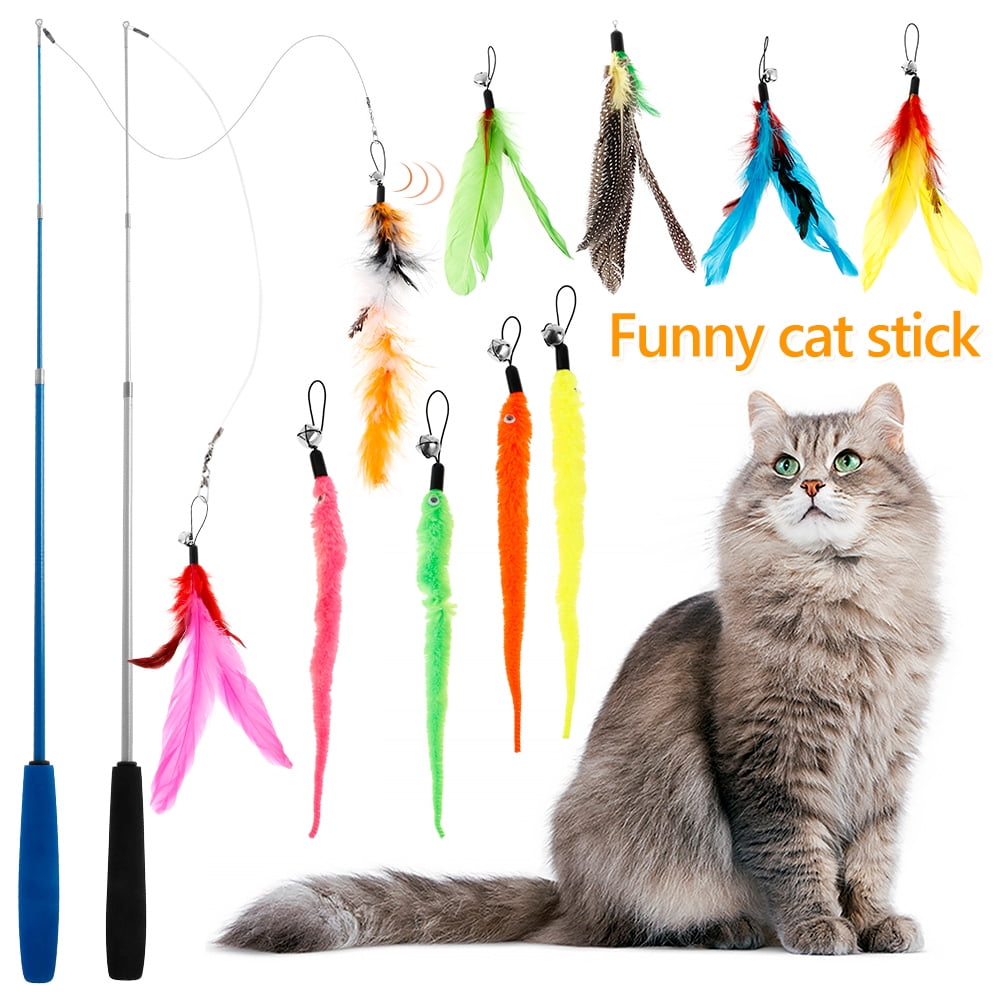 Cat Toy Wand,Cat Toys Interactive Retractable Wand Rod with Assorted Feather Toy for Exercising POPETPOP 11Pcs Cat Fishing Pole,Cat Feather Toy
