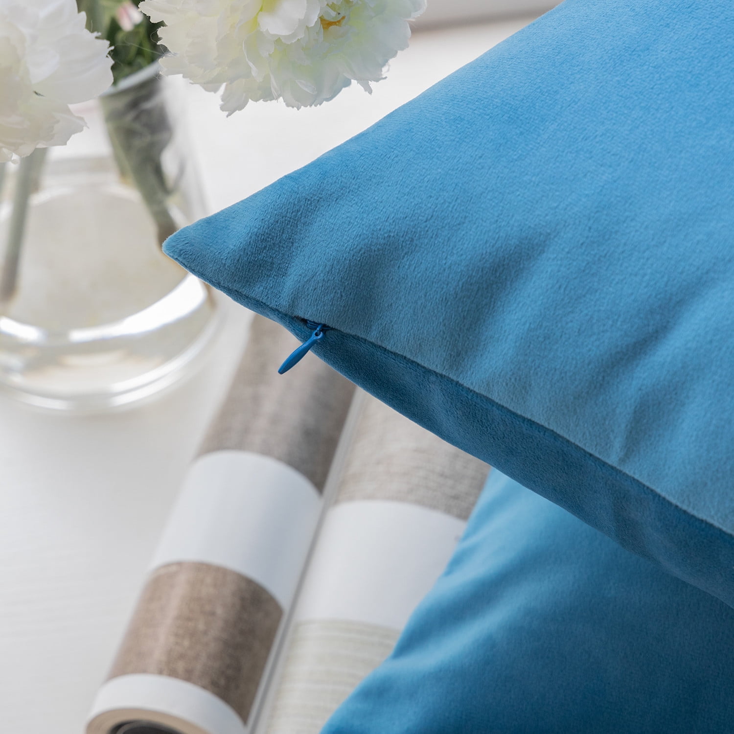Phantoscope Soft Silky Velvet Series Square Decorative Throw Pillow Cusion for Couch, 18" x 18", Sky Blue, 2 Pack
