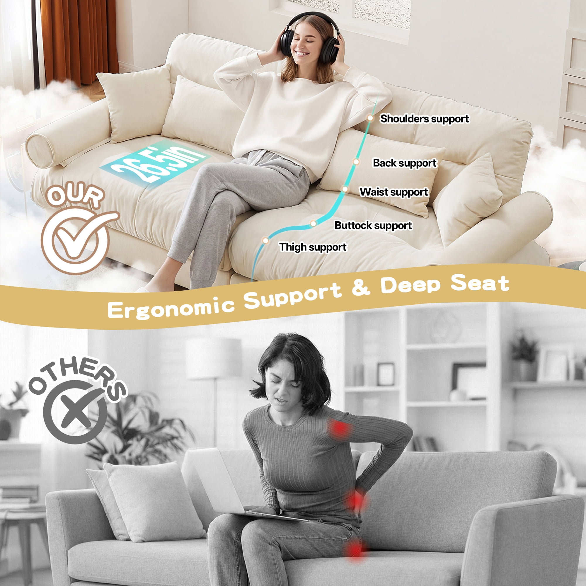 Alvantor L-Shaped Sectional Sofa 3-Seater Velvet Sofa Couch with Bolstered Armrests for Living Room, Easy Assembly Cream