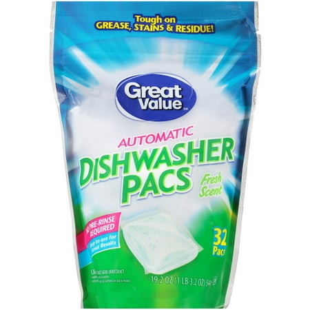 Great Value Automatic Dishwasher Pacs, Fresh Scent, 32 Count