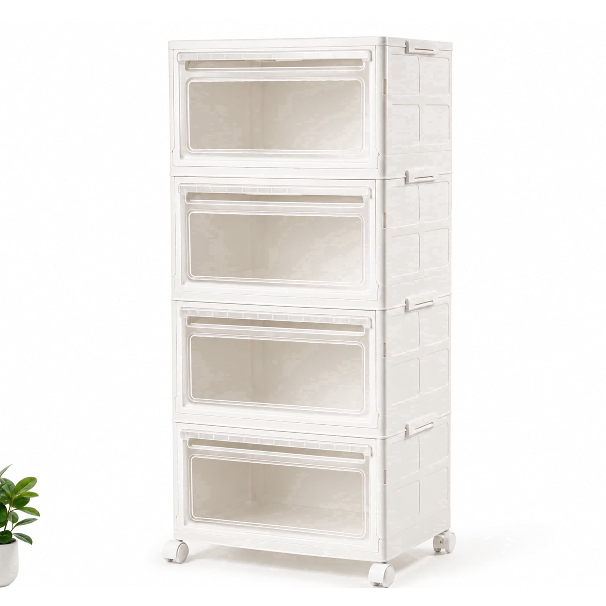 Heeyoo 128QT 4-Drawer Wide Plastic Storage Drawer Chest Foldable Storage Cabinet with Wheels White