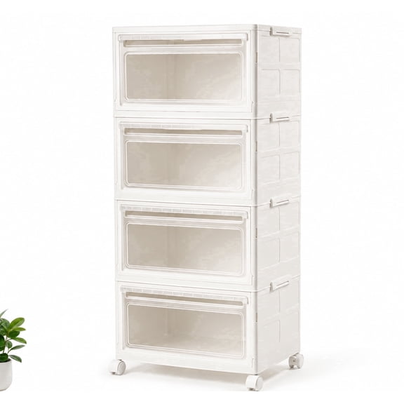 Heeyoo 128QT 4-Drawer Wide Plastic Storage Drawer Chest Foldable Storage Cabinet with Wheels White