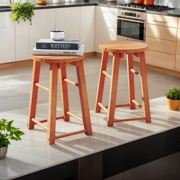Demifill 18-Inch Outdoor Wood Bar Stools Set of 2, Bar Stool with Round Seat and Footrest for Outdoor as Garden, Backyard, Porch, Natural