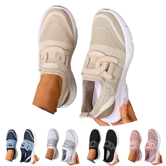 Dakaela Women's Walking Shoes Running Athletic Sports Slip on Sneakers Comfortable Breathable Knit Gym Workout Casual Tennis Shoes Beige 6.5