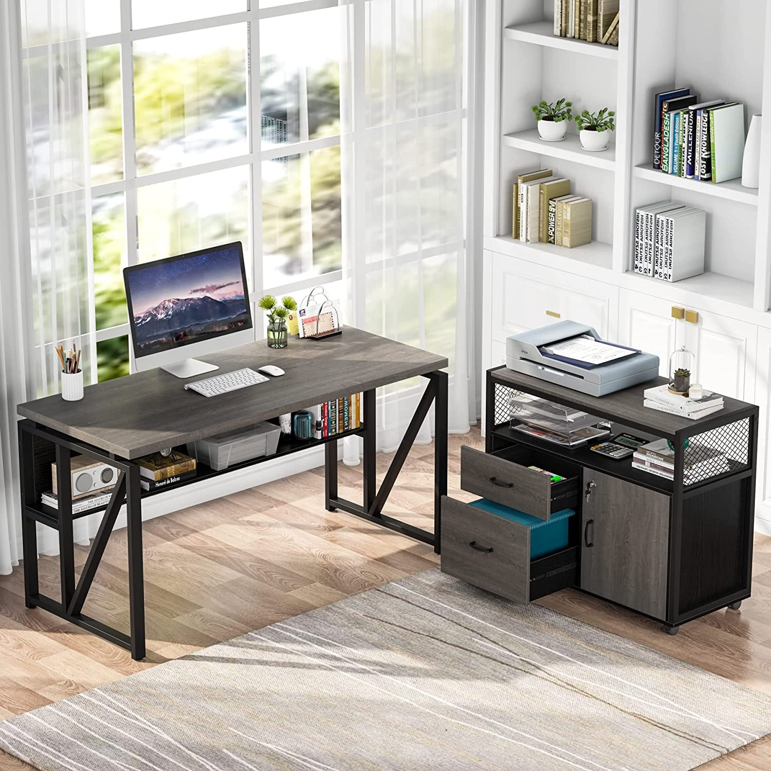 Tribesigns L Shaped Desk with Drawer, 55 inches Executive Desk and lateral File Cabinet, 2 Piece Home Office Furniture with Drawers lcoks