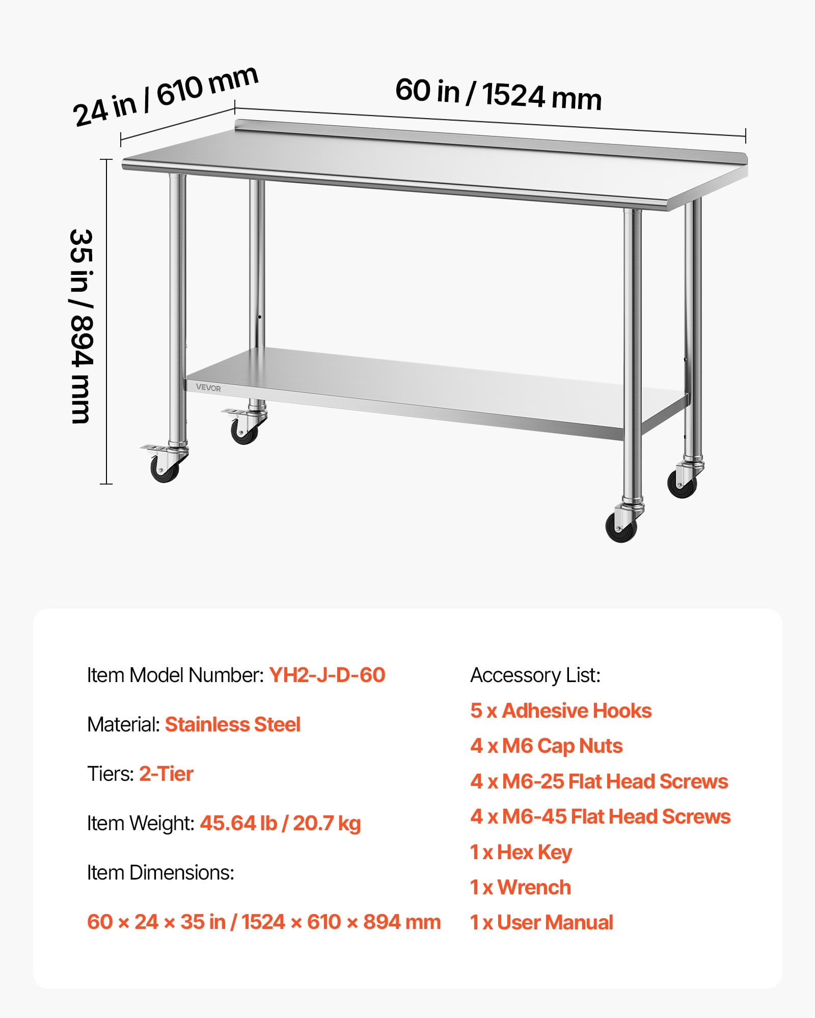 VEVOR Stainless Steel Work Table, 24x60 inch Food Prep Table with Wheels and Backsplash, Commercial Kitchen Workstation with Adjustable Undershelf, Metal Utility Worktable, for Restaurant Home
