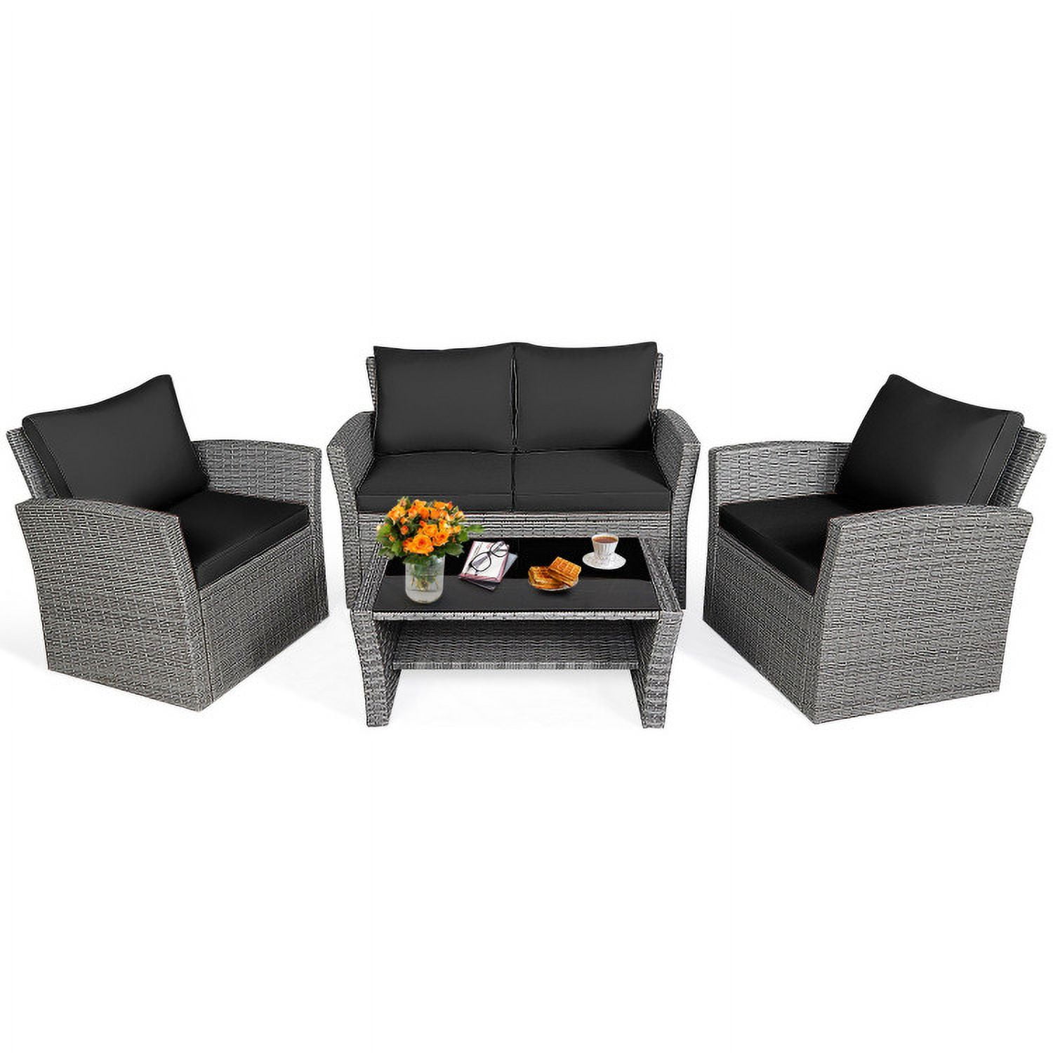 Aimee Lii 4 Pieces Wicker Patio Furniture Set Sofa Table with Storage Shelf Cushion, Modern Patio Furniture, Black Aimee Lii 4 Pieces Wicker Patio Furniture Set Sofa Table with Storage Shelf Cushion, Modern Patio Furniture, Black
