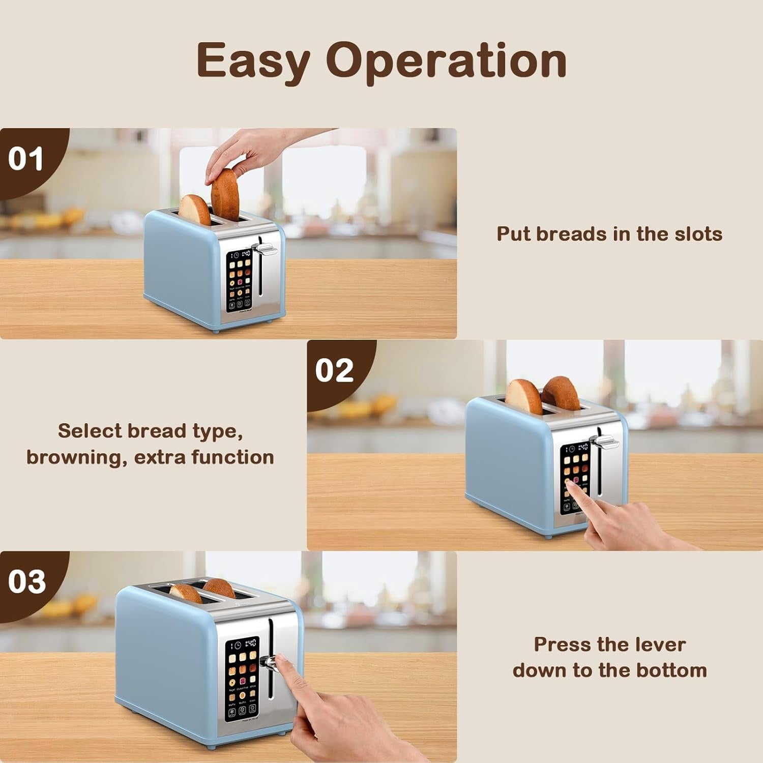 2 Slice Touch Screen Toaster, 1.5" Wide Slot, Stainless Steel Smart Toaster for Bagels, Muffins, Waffles, Gluten-Free Breads, Defrost, Reheat, Timer, 825W, Ice Blue