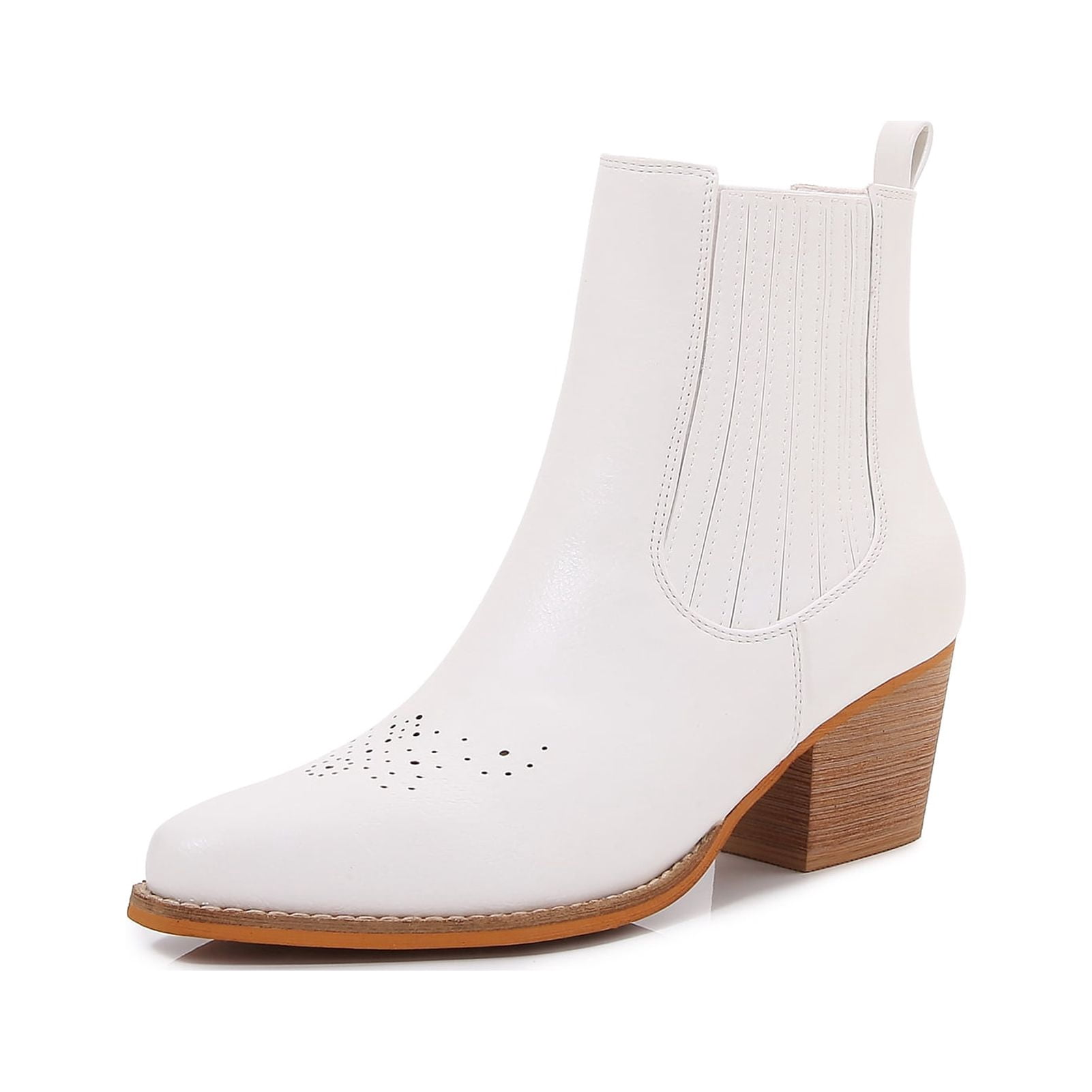 Women PU Leather Perforated Front Stacked Heel Ankle Boots with Elastic Side Gussets (White / 8)