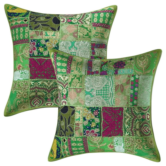 Stylo Culture Ethnic Cotton Decorative Throw Pillow Covers Parrot Green 20 x 20 Bohemian Vintage Patchwork Ethnic Sofa Cushion Covers 50x50 cm Home Decor Abstract Square Pillow Cases | Set Of 2