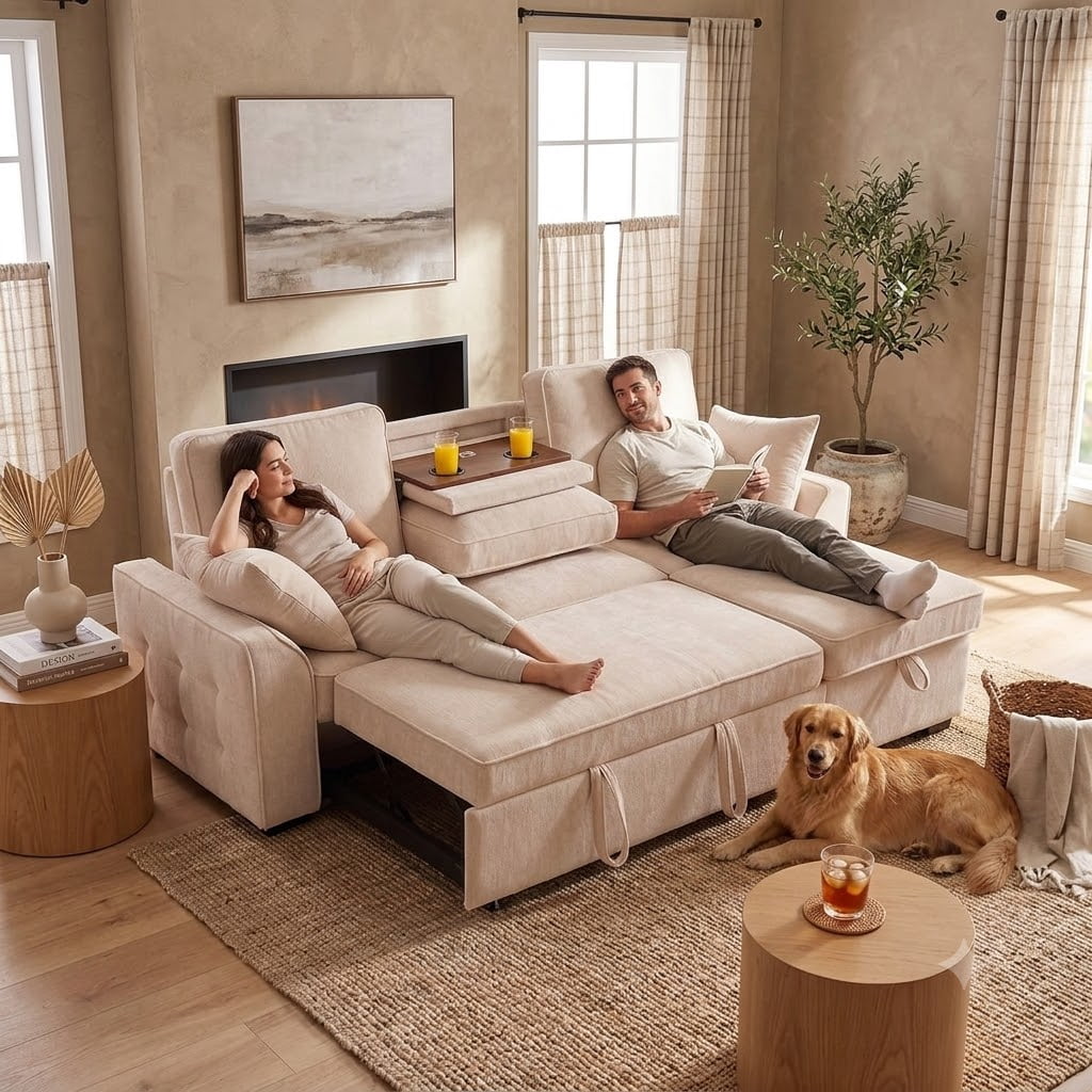 Howcool Sectional Sleeper Sofa,L Shaped Chenille Convertible Sofa Bed 85.5" 3 Seater with Flip-Down Center Console,Pull Out Couch for Living Room Apartment Office,Beige