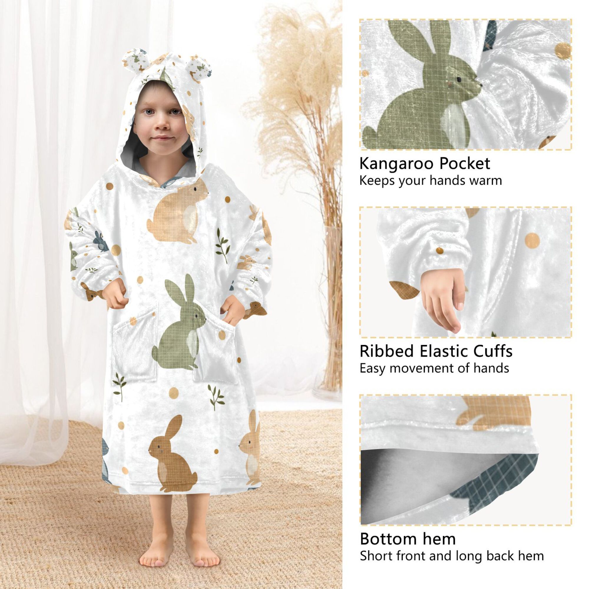 FORMRS Wearable Blanket Hoodie with Sleeves for Kids Cozy Flannel Sweatshirt, Cartoon Bunnies