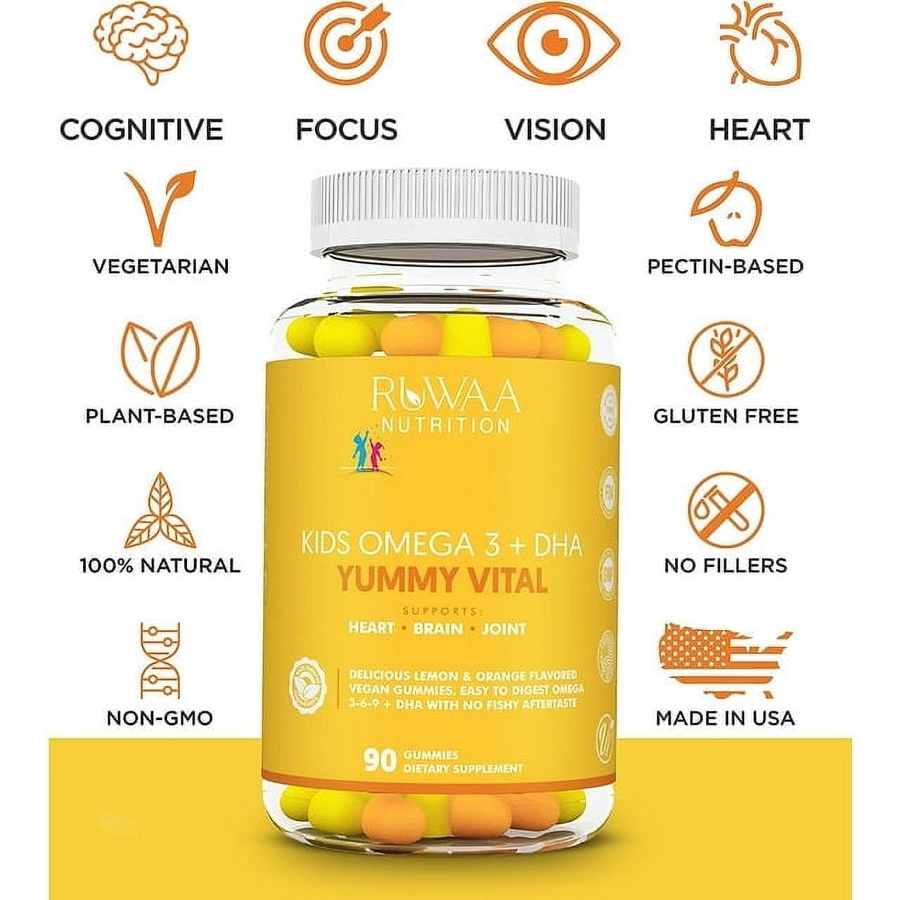 Ruwaa Nutrition Omega 3-6-9 + DHA Gummies, Cognitive Nootropics, Vegetarian, 90 Count