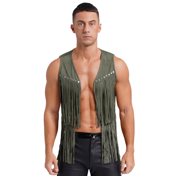 Venjoe Men's Suede Vest Fringe Sleeveless Cowboy Vest With Fringe Halloween Cosplay Costume Army Green XL