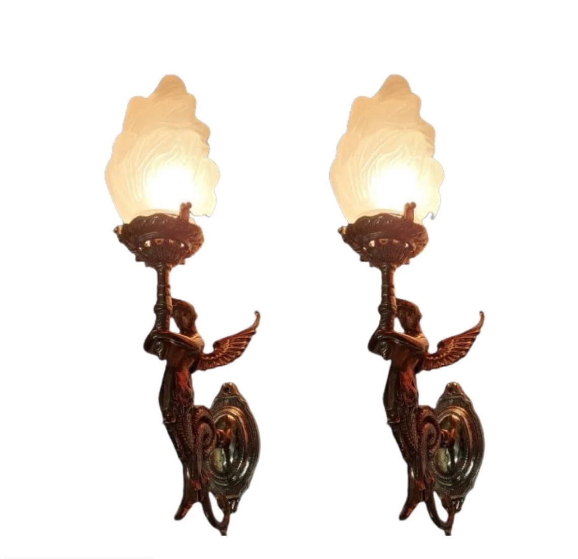 Pair of Vintage Art Nouveau Mermaid Wall Sconces – Antique Brass & Glass Light Fixtures