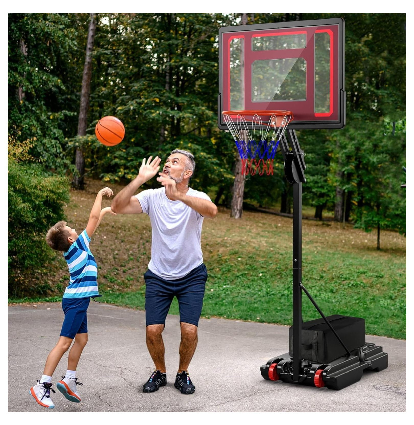 Portable Basketball Hoop, 5 FT to 10 FT Adjustable Basketball Goal with 10 Heights, All Weather Basketball Stand System with Weight Bag & Wheels, for Youth Adult, Indoor Outdoor Pool, Court