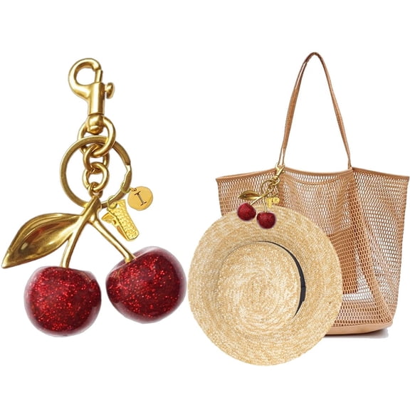 Keychain Cherry Bag Charms with Mini Hat Clip Initial, Cute Purse Key Chains Gifts for Women, Leather Handbags Car Keyrings