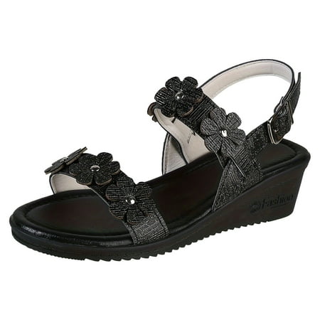 

Gzea Ladies Sandals New Round Toe Wedge Heel Floral Sandals For Women s Oversized Classic Retro Roman Shoes Summer Sandals Black 37