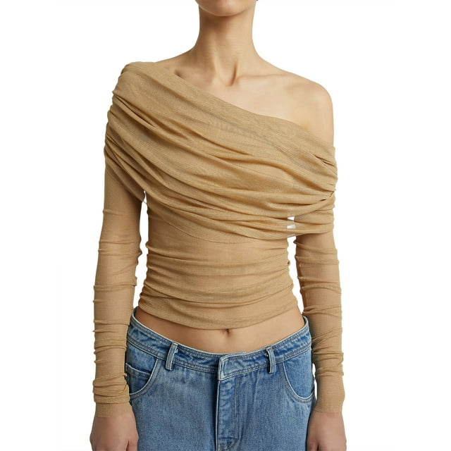 Mialoley Chemise Courte pour Femmes, Manches Longues Épaules Dénudées Plissée Couleur Unie Décontractée Fête Rue Été Hauts