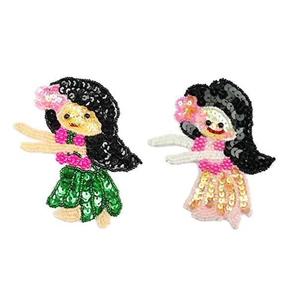 Altotux 4"x3.75" Hawaiian Hula Girl Sequins Beaded Sew On Applique Patch Motif By Piece (Girl with green skirt)
