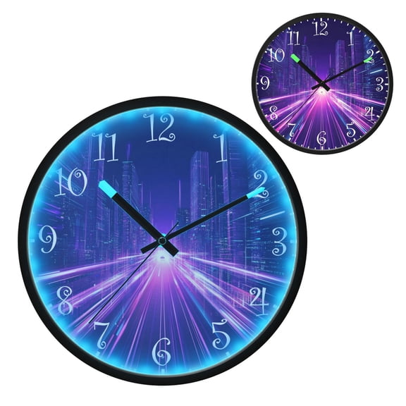 Voice Activated Clock with Glow Light 12 Inch Large Silent Wall Clock Battery Operated for Home Decor Stylized Cityscape