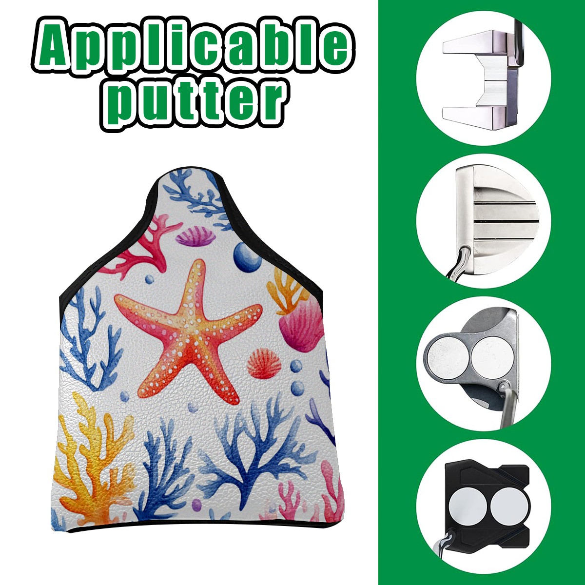 Golf Mallet Putter Cover Premium Leather Waterproof Golf Putter Head Cover with Magnetic Closure Coral Starfish