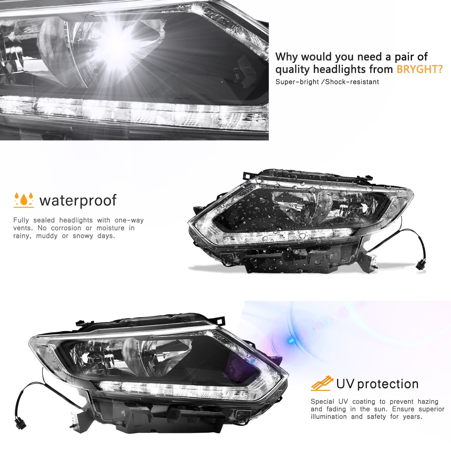 For 2014 2015 2016 Nissan Rogue Halogen LED DRL Headlights Assembly Pair