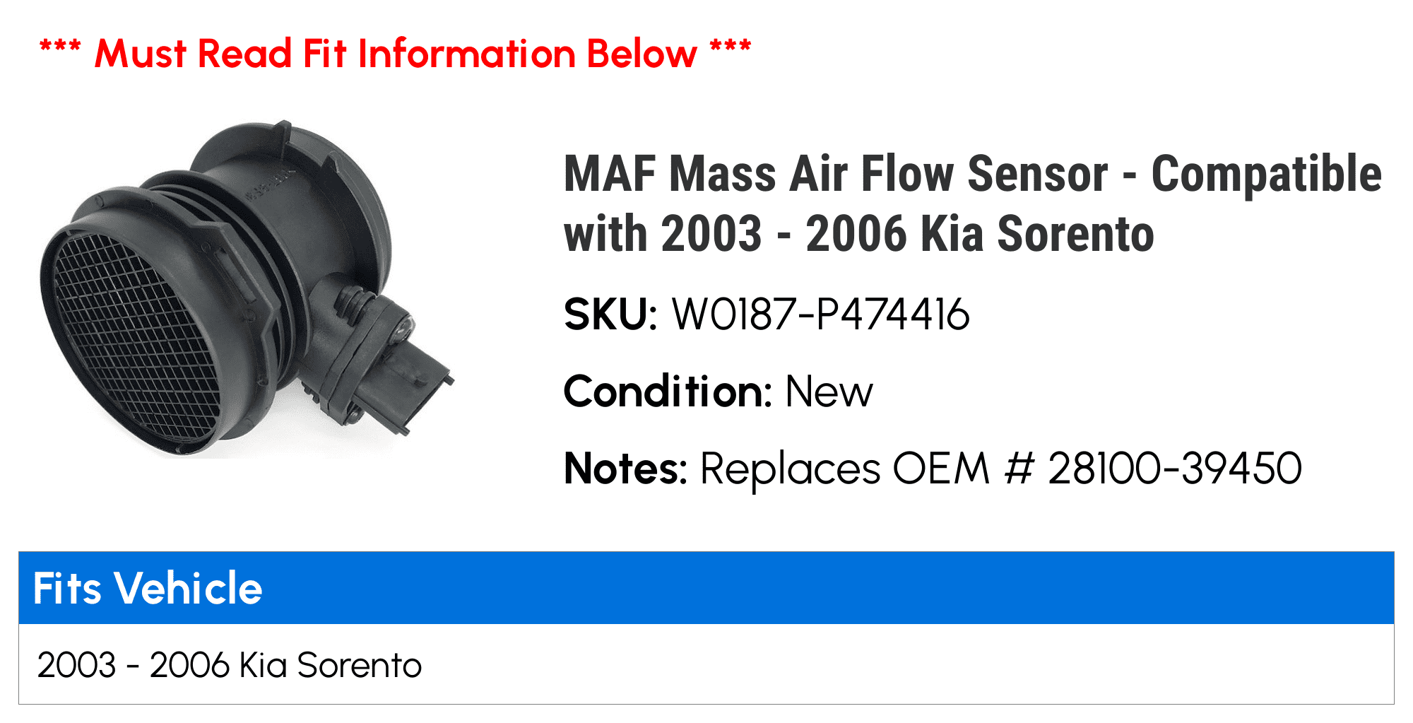 MAF Mass Air Flow Sensor - Compatible with 2003 - 2006 Kia Sorento 2004 2005