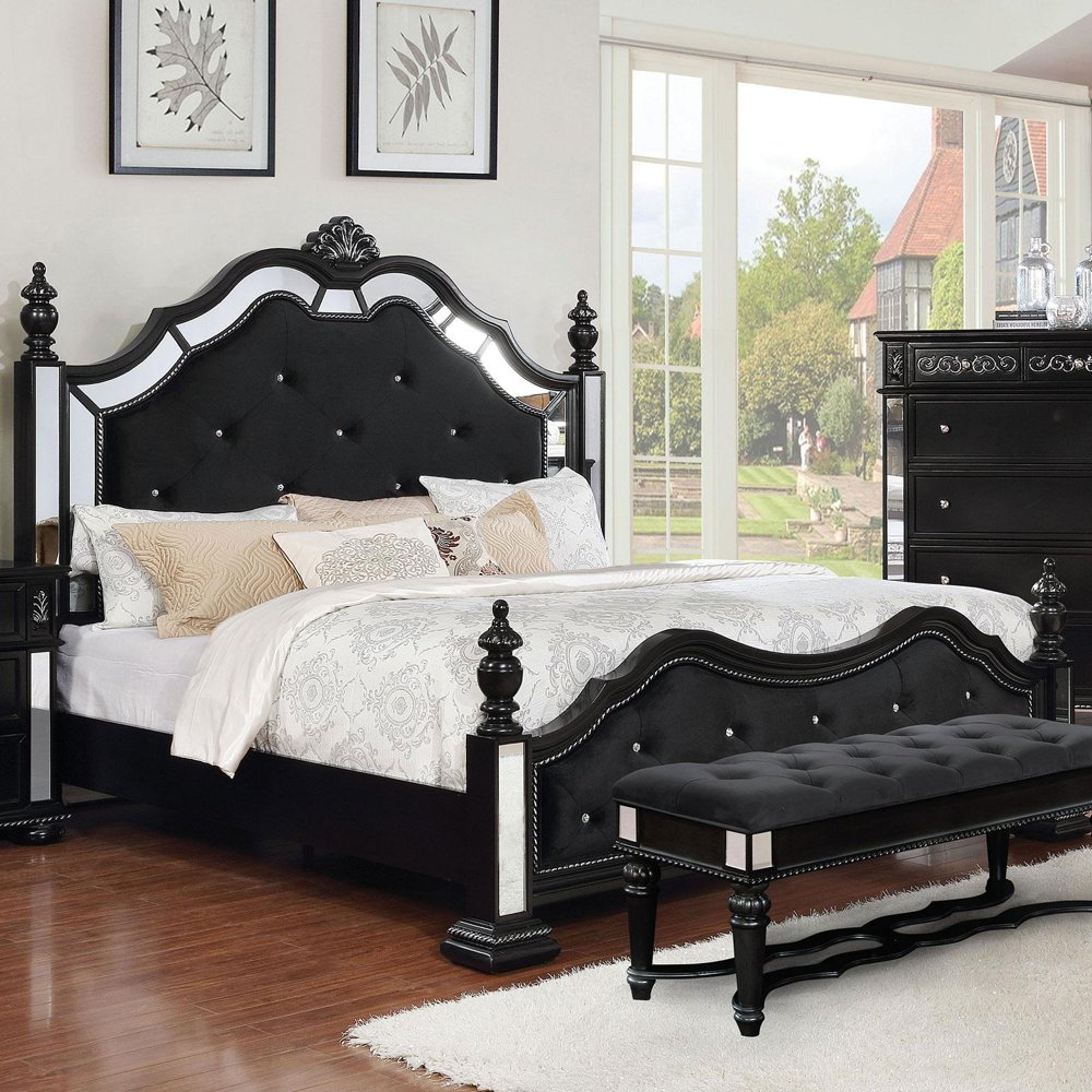 Transitional Black Faux Leather Upholstery King Poster Bed Azha FoA